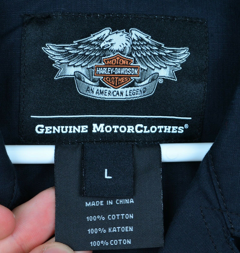 Harley Davidson Men's Large Black Yellow Garage Mechanic Biker Embroidered Shirt