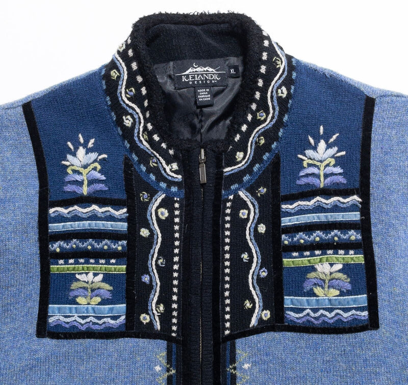 Icelandic Design Sweater Vest Women's XL Lined Full Zip Blue Floral Knit