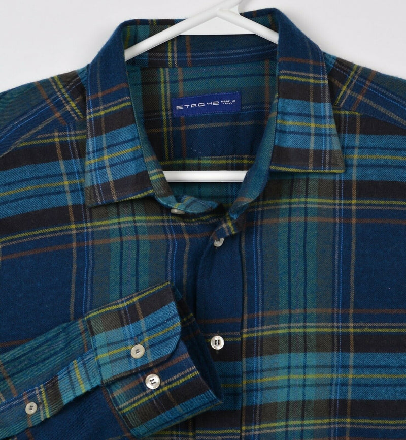ETRO Milano Men's 42 (Large) Wool Blend Made in Italy Blue Plaid Flannel Shirt