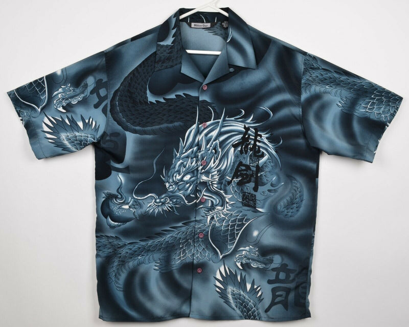 Million Guy Men's Large (16.5) Polyester Dragon Anime Blue Graphic Camp Shirt