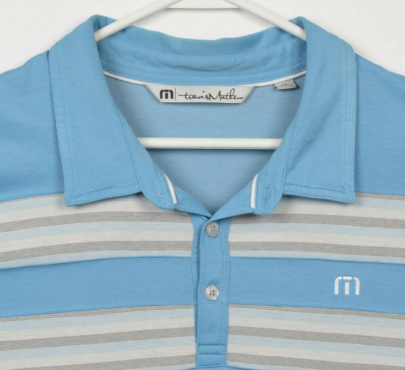 Travis Mathew Men's 2XL Blue Striped Pima Cotton Poly Blend Golf Polo Shirt