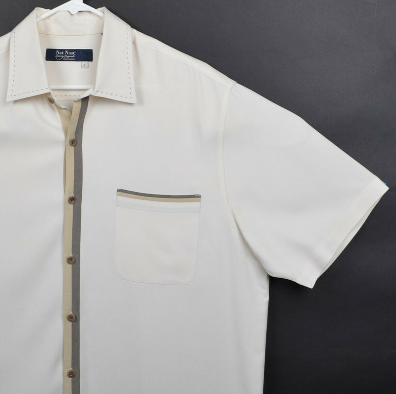 Nat Nast Men's Sz Large 100% Silk Off-White Tan Striped Hawaiian Aloha Shirt