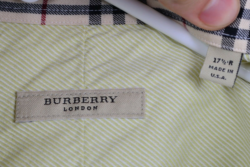Burberry London Men's Sz 17.5R Nova Check Flip Cuff Green Striped Dress Shirt