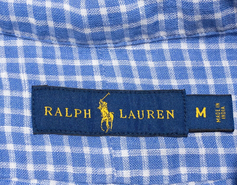 Polo Ralph Lauren Linen Shirt Medium Men's Blue Check Short Sleeve Button-Down