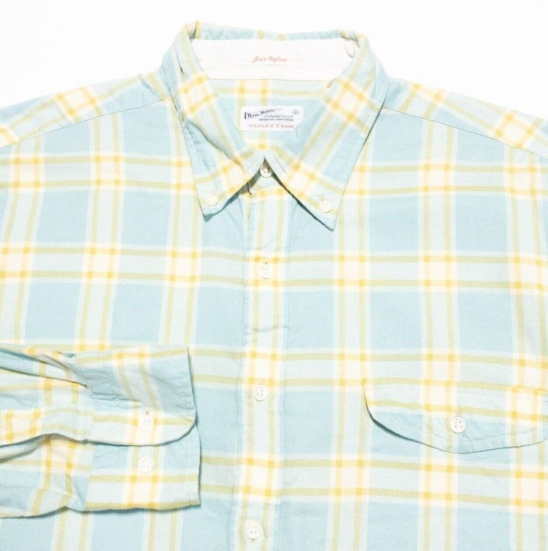 GANT Oxford Shirt Large Men's Long Sleeve Blue Yellow Plaid Rugger Jon's Oxford