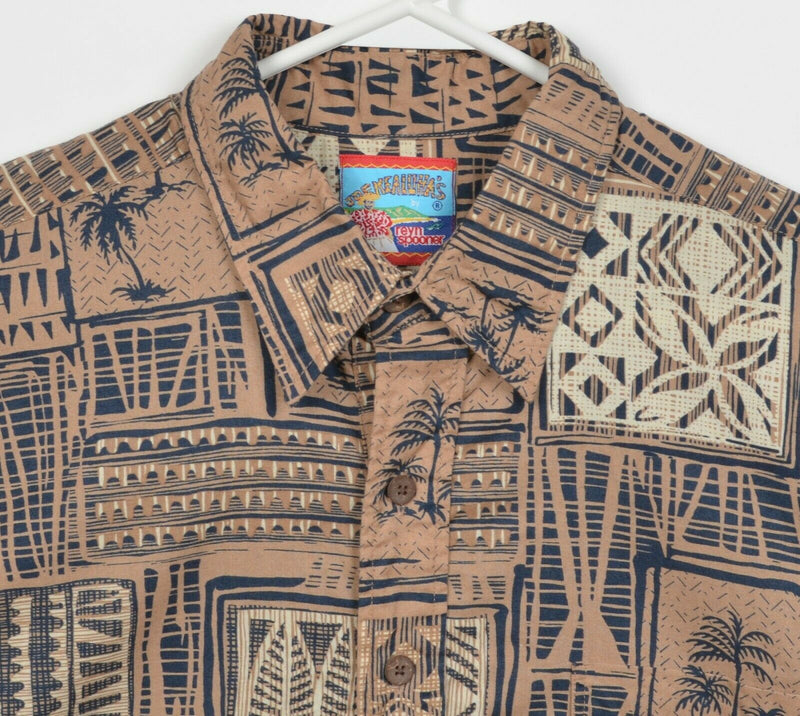 Reyn Spooner Men's Large Brown Geometric Floral Palm Tree Hawaiian Aloha Shirt