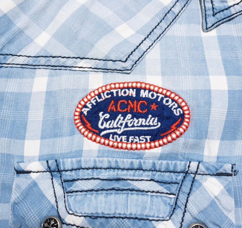 Affliction Shirt Mens XL Slim Fit Blue Check Distressed Rockabilly Motors Patch