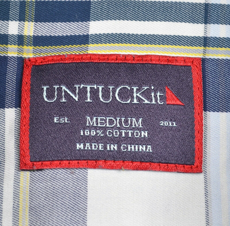 UNTUCKit Men's Sz Medium Navy Blue White Tartan Plaid Button-Front Shirt