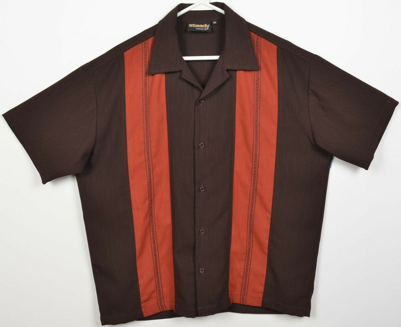 Steady Classics Men's Medium Panel Bowling Retro Brown Orange Striped Camp Shirt