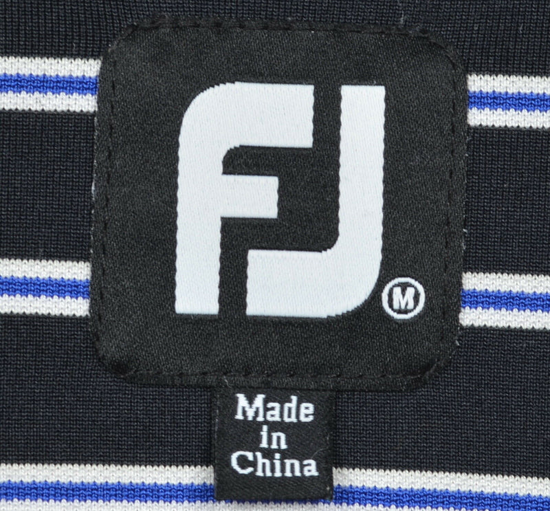 FootJoy Men's Medium Black Blue Striped Wicking Polyester FJ Golf Polo Shirt