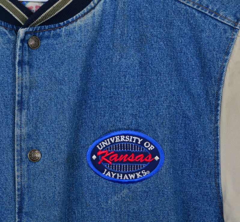 Vintage 90s Kansas Jayhawks Men's Large Denim Varsity Snap-Front Lined Jacket