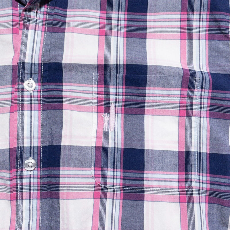 johnnie-O Button-Down Shirt Men's Large Plaid Pink Blue Long Sleeve Surfer Logo