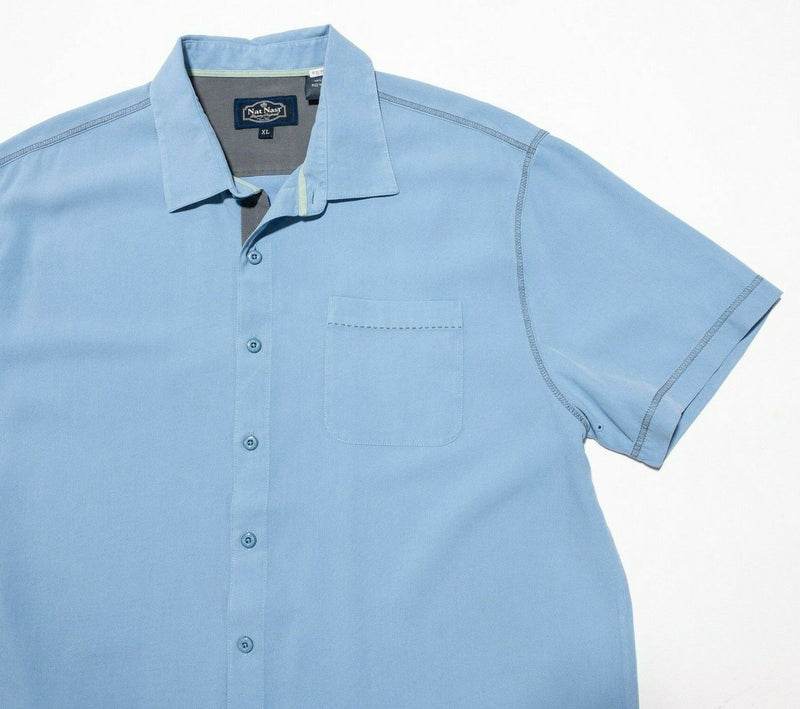 Nat Nast Silk Shirt XL Men's Luxury Originals Solid Light Blue Hawaiian Bowling