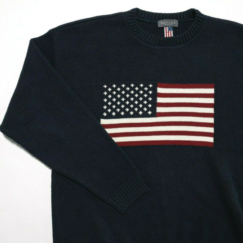 Van Heusen Men's Large USA Flag American Patriotic Navy Blue Knit Crew Sweater