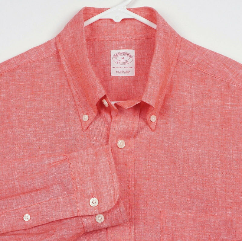 Brooks Brothers Men's Sz Medium 100% Irish Linen Salmon Orange Long Sleeve Shirt