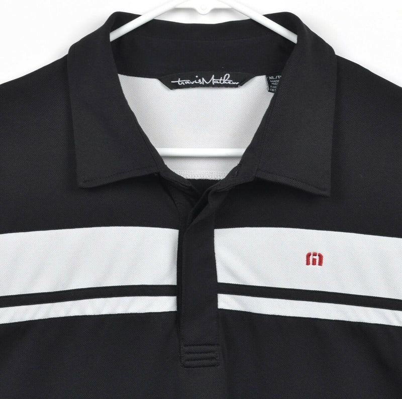 Travis Mathew Men's Sz XL Black White Striped Polyester Elastane Golf Polo Shirt
