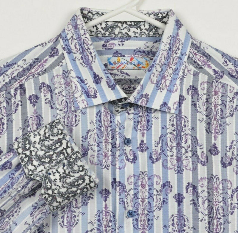 Brandolini Men's XL Flip Cuff Paisley Striped Purple Designer Button-Front Shirt