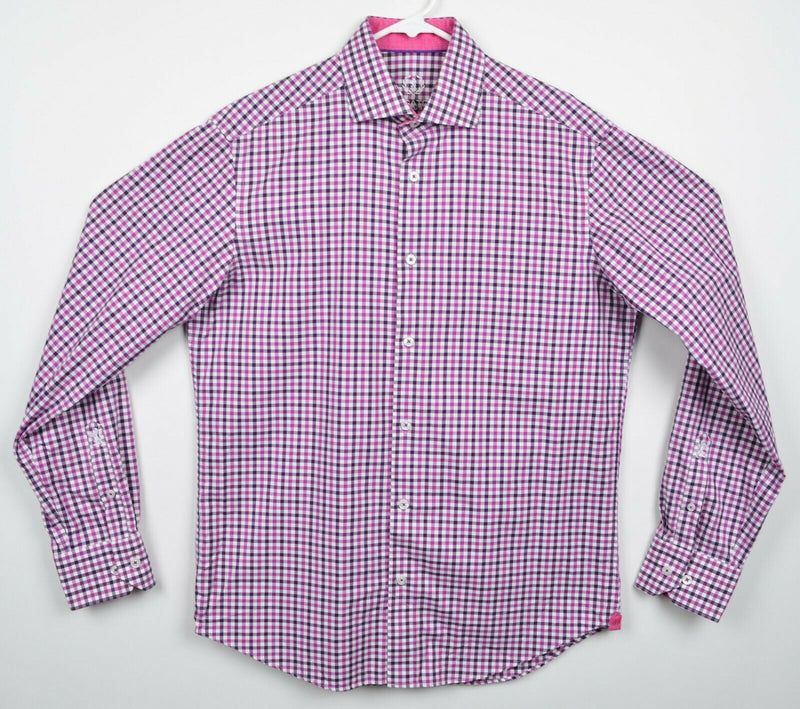 Bugatchi Uomo Men's Sz 15.5 Flip Cuff Pink Purple Plaid Check Long Sleeve Shirt