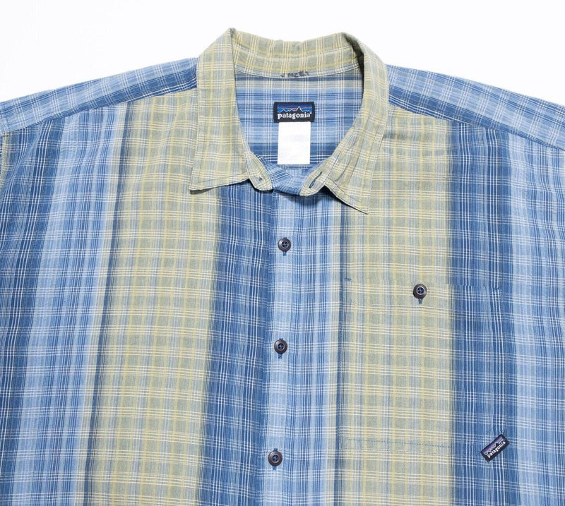 Patagonia Puckerware Shirt 2XL Men's Blue Green Striped Short Sleeve Vintage 90s