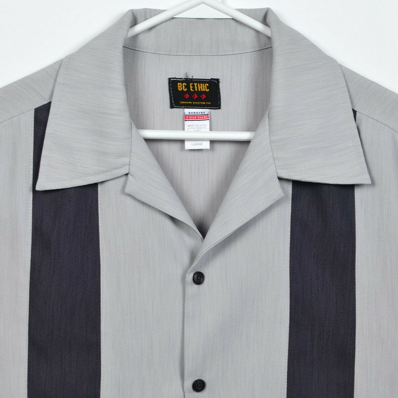BC Ethic Men's Large Smooth Custom Fit Gray Panel Striped Bowling Camp Shirt