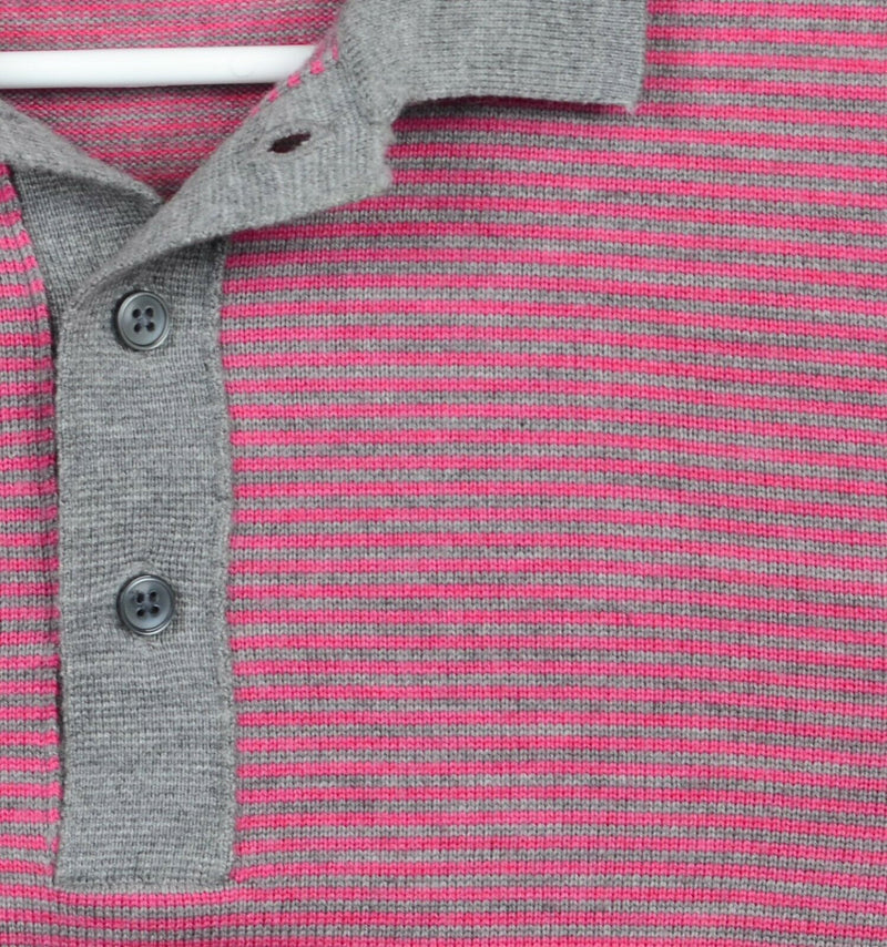 Club Monaco Men's Small 100% Wool Pink Gray Striped Collared Shirt Sweater