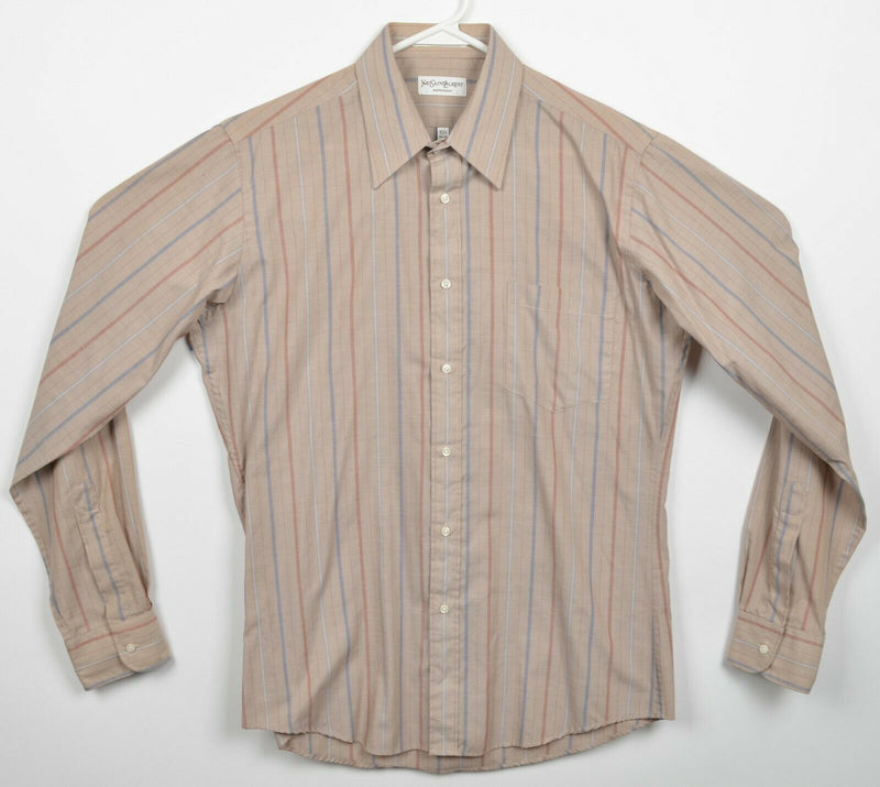 Vintage 80s Yves Saint Laurent Men's 15.5 (M) Brown Striped Menswear Dress Shirt