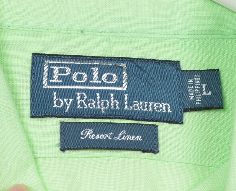 Polo Ralph Lauren Men's Large Resort Linen Solid Lime Green Button-Front Shirt