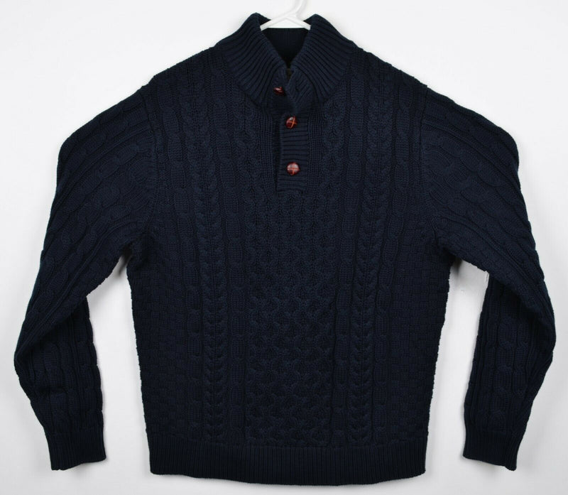 LL Bean Men's Medium Cable-Knit Navy Blue Henley Collar Fisherman Sweater