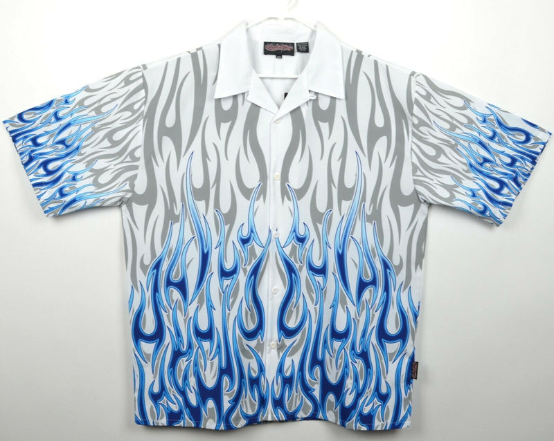 Sapphire Lounge Men's Sz 2XL Flames Tribal Gray White Blue Polyester Camp Shirt