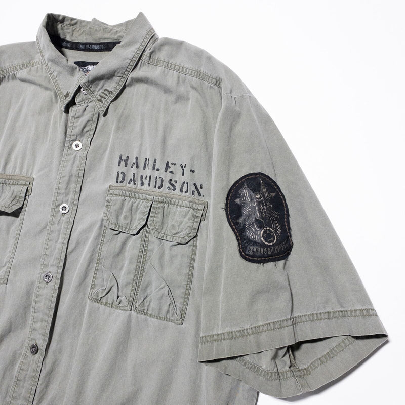 Harley-Davidson Button-Up Shirt Men's 2XL Stencil Military Olive Green Mechanic