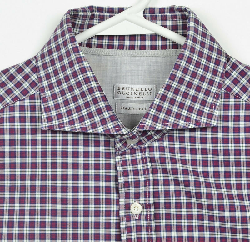 Brunello Cucinelli Men's XL Basic Fit Purple Plaid Italy Button-Front Shirt