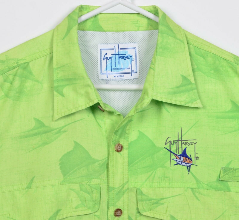 Guy Harvey Men's XL? Vented Fishing Green Marlin Hawaiian Button-Front Shirt