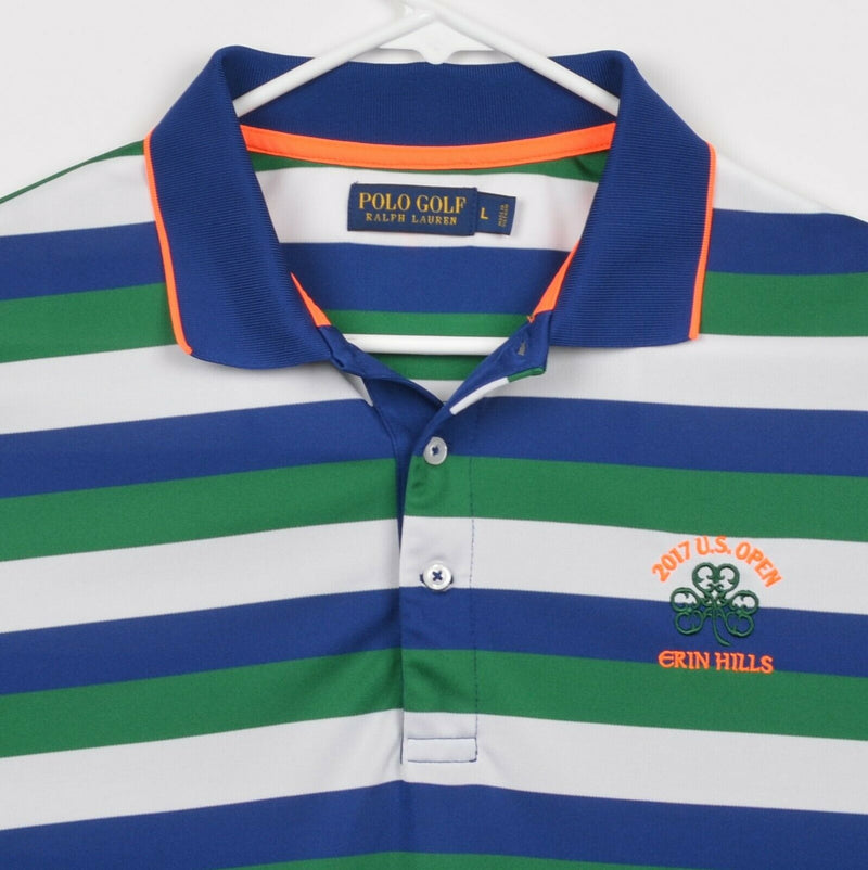 Polo Ralph Lauren Men Large US Open Green Blue Stripe Erin Hills Golf Polo Shirt