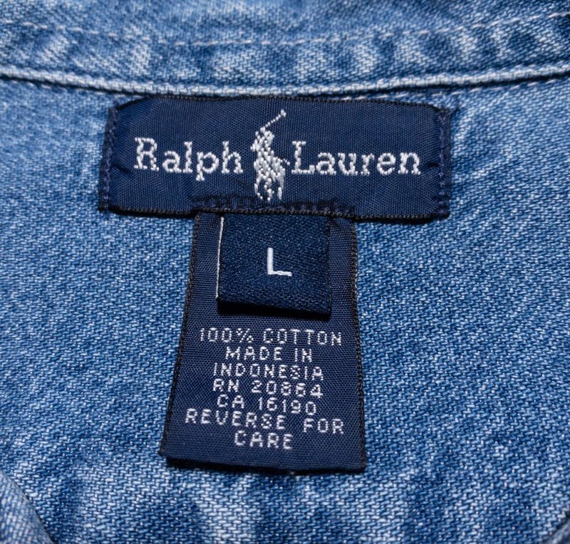 Polo Ralph Lauren Denim Shirt Men Large Vintage 90s Indigo Blue Pony Button-Down