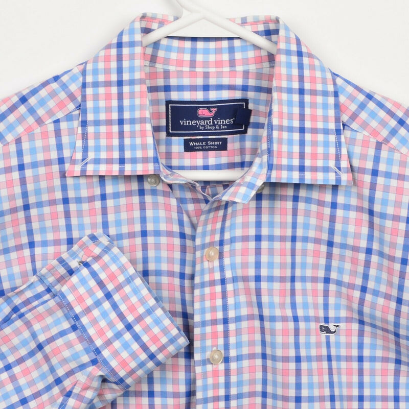 Vineyard Vines Men's Medium Pink Blue Check Whale Preppy Button-Front Shirt