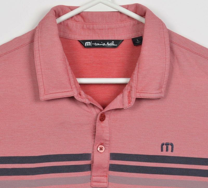 Travis Mathew Men's Large Red Navy Blue Striped Logo Golf Polo Shirt