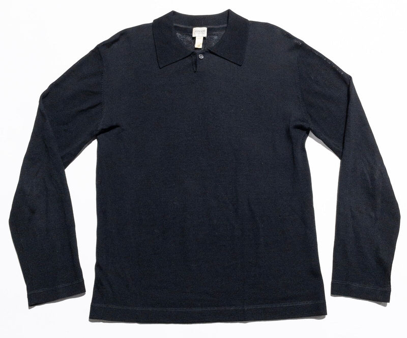 Armani Collezioni Sweater Men's Large Black Collared Pullover Knit Tencel Wool