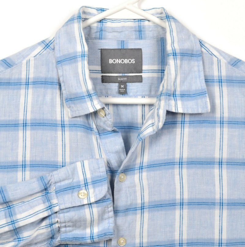 Bonobos Men's Medium Slim Fit Linen Blend Blue White Plaid Button-Front Shirt