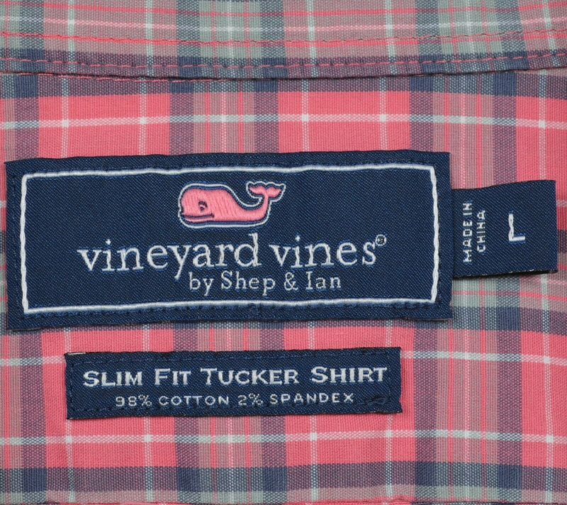 Vineyard Vines Men's Large Slim Fit Tucker Pink Plaid Whale Cotton Spandex Shirt