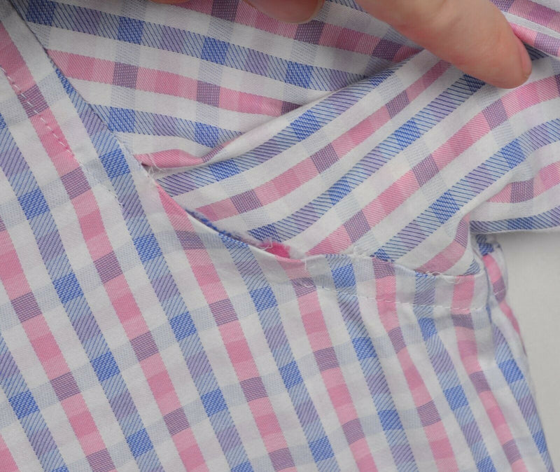 Bugatchi Uomo Men's 17.5 36/37 XL Flip Cuff Pink Blue Plaid Check Dress Shirt