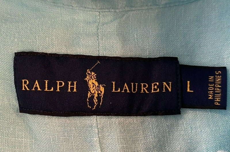 Polo Ralph Lauren Men's Large 100% Linen Solid Aqua Blue Pink Pony Shirt
