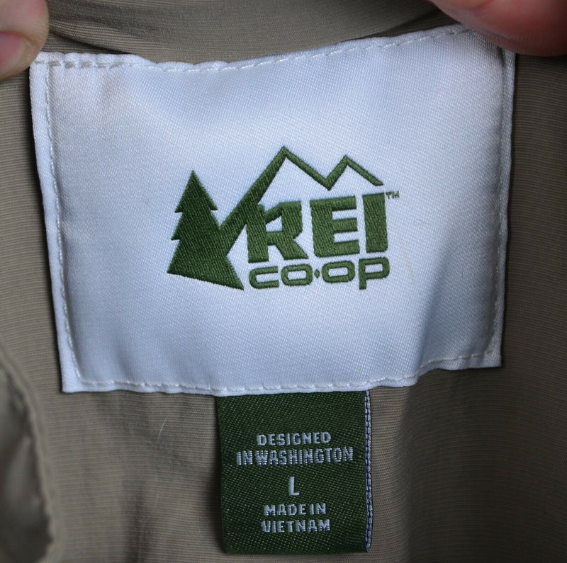 REI Co-op Men's Large Khaki Hooded Full Zip Snap Lightweight Packable Jacket