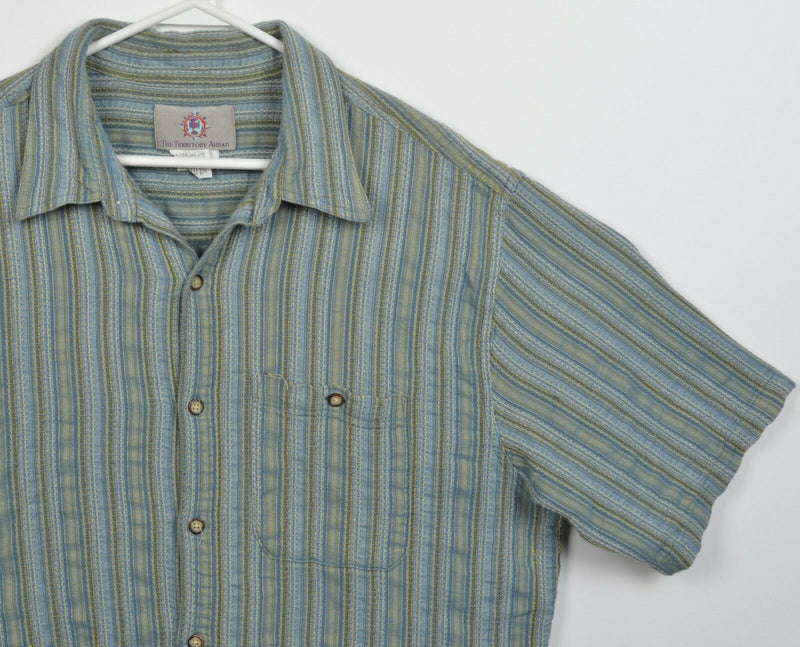 Territory Ahead Men's XL Blue Green Striped Textured Woven Button-Front Shirt