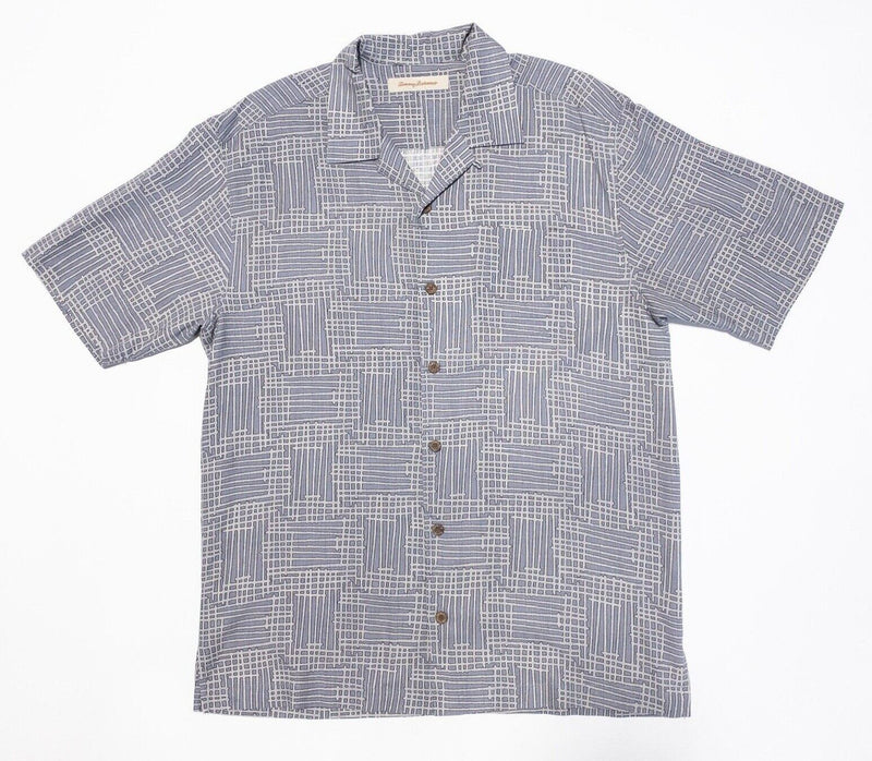 Tommy Bahama Hawaiian Shirt Silk Medium Men's Gray Geometric Aloha Camp