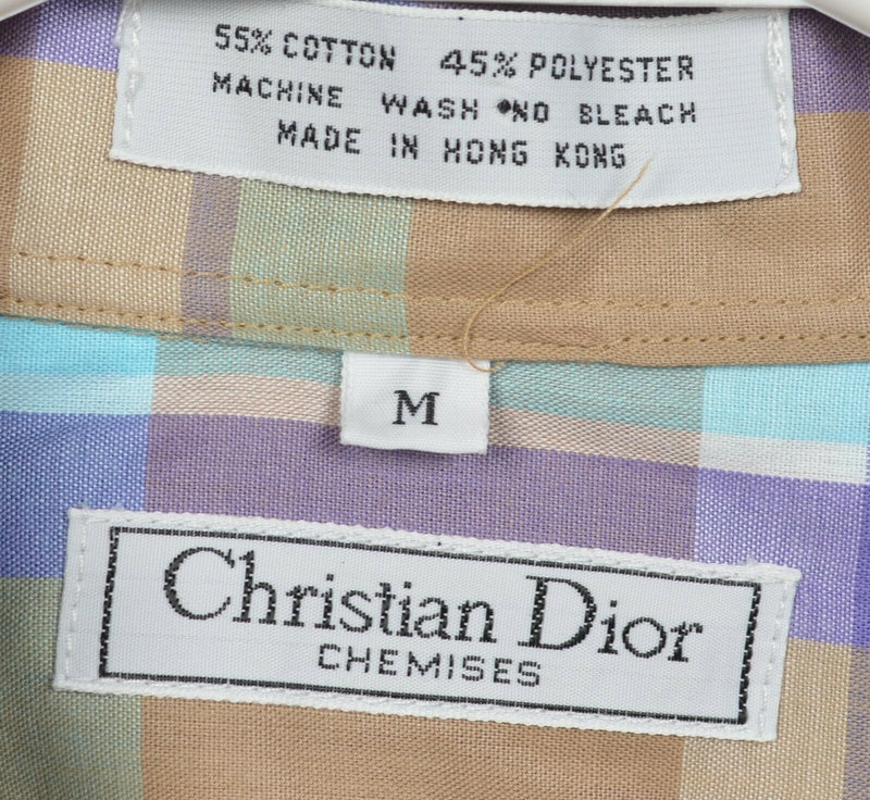 Vintage 80s Christian Dior Chemise Men's Medium Brown Purple Aqua Plaid Shirt