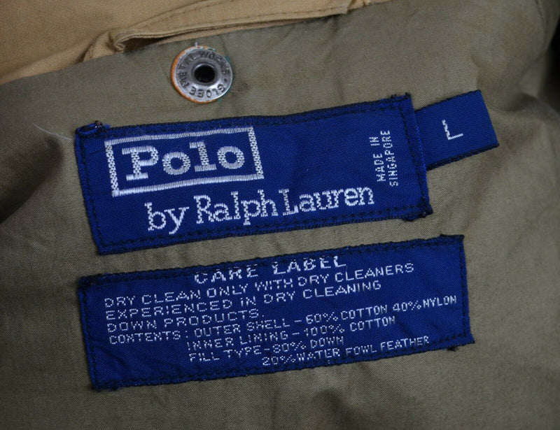 Vintage 80s Polo Ralph Lauren Men's Large Down Puffer Tan Brown Zip Snap Jacket