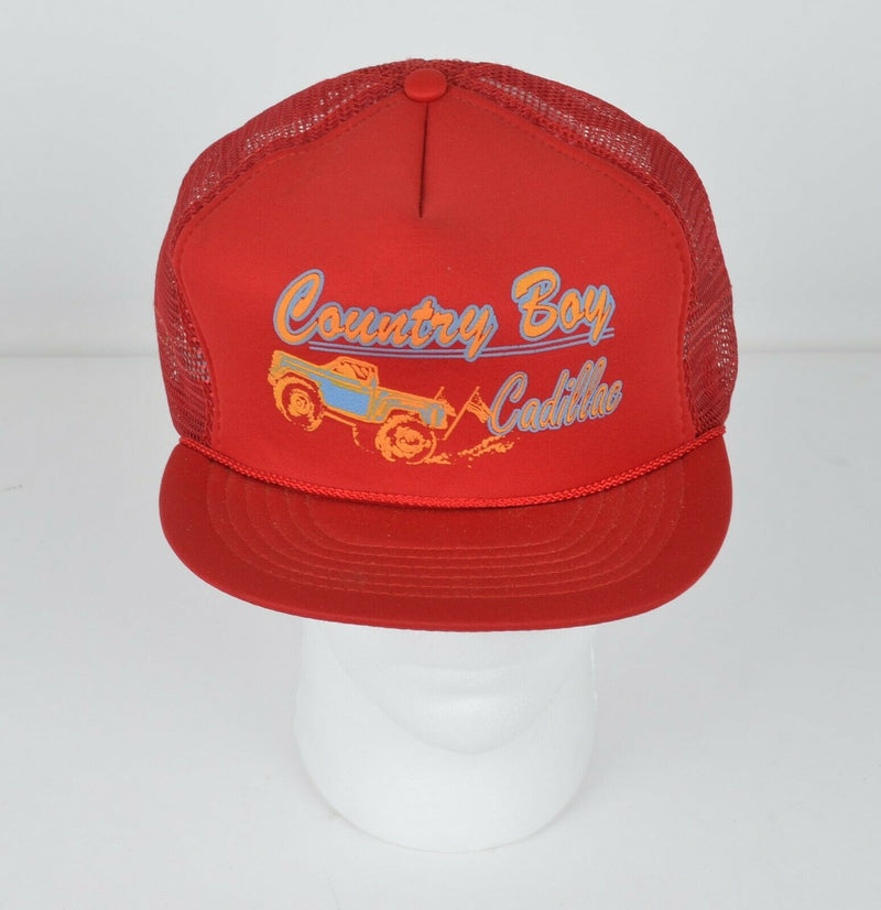 Vtg Country Boy Cadillac Men's Red Pick-Up Truck Snapback Mesh Trucker Hat