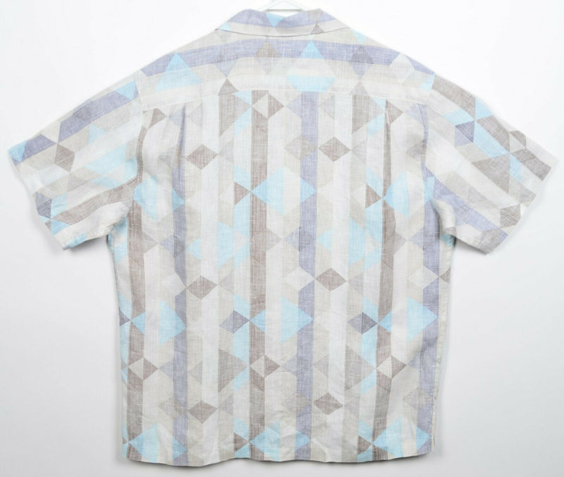 Tommy Bahama Men's XL 100% Linen Gray Blue Geometric Hawaiian Camp Shirt