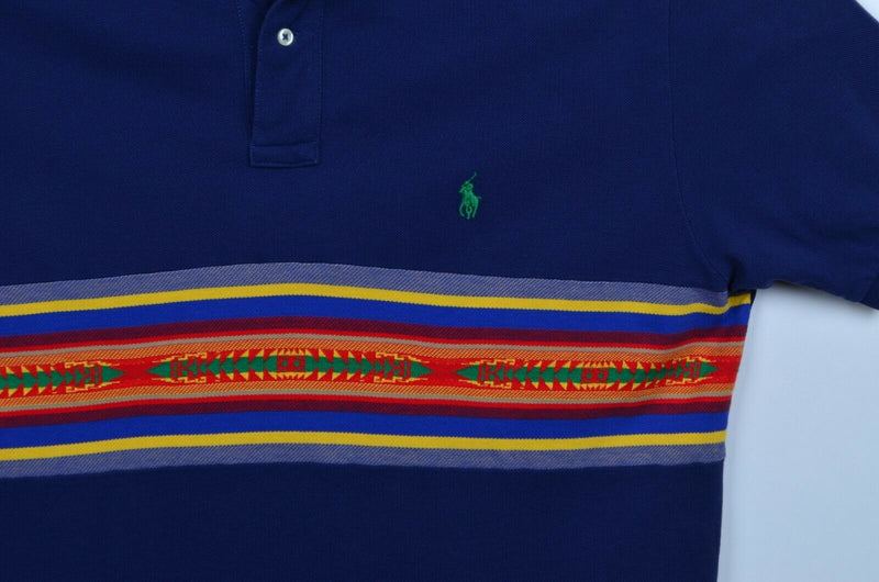 Polo Ralph Lauren Men's Sz Large Aztec Stripe Navy Blue Pony Polo Shirt