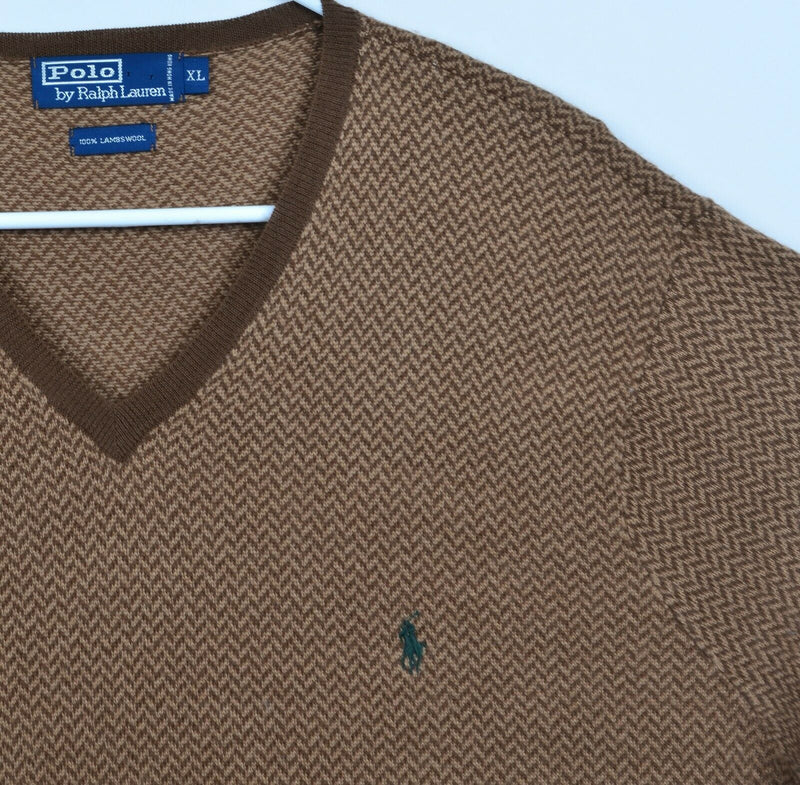 Polo Ralph Lauren Men's Sz XL 100% Lambswool Brown Houndstooth V-Neck Sweater